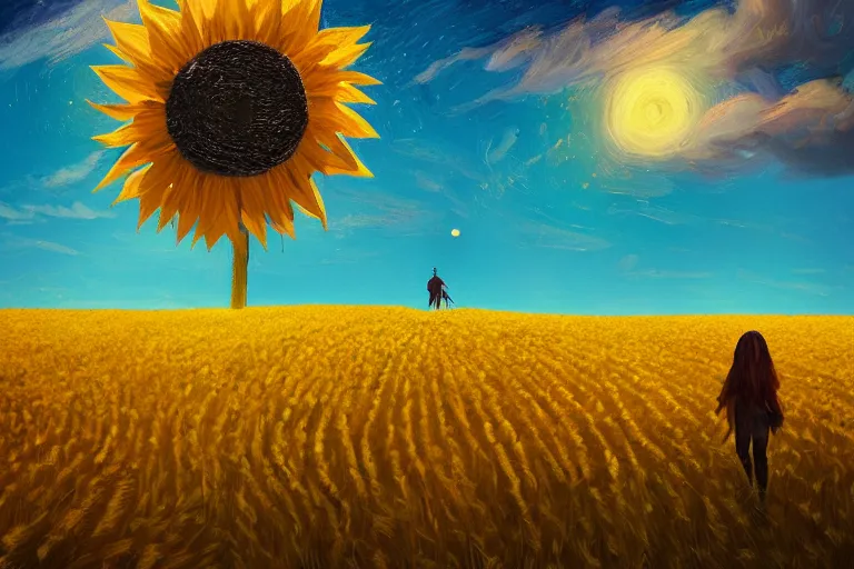 Image similar to giant sunflower as a head, girl walking in wheat field, hills, surreal photography, dark night, star trails, dramatic light, impressionist painting, clouds, digital painting, artstation, simon stalenhag