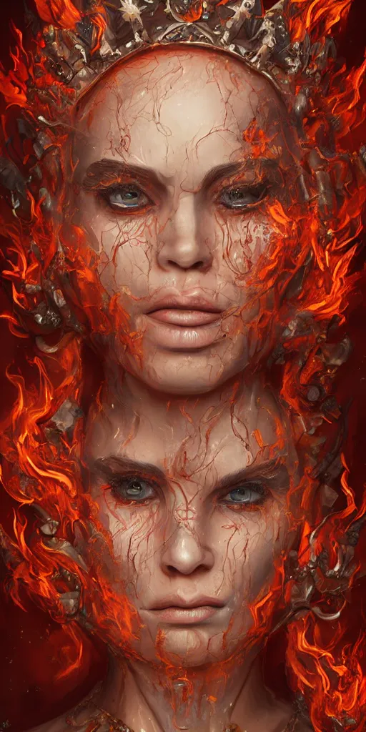 Image similar to Fantasy character portrait of distorted detailed painting of a queen woman made of fire, hyper detailed, red flames, trending on Artstation