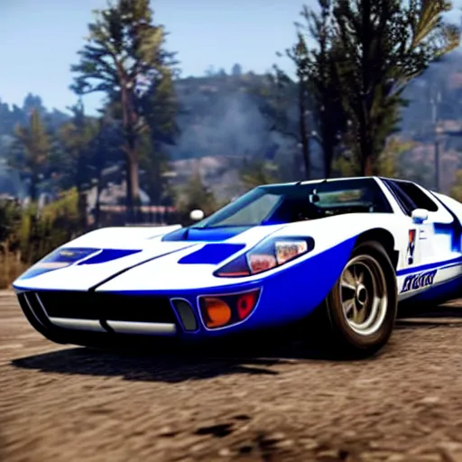 Prompt: white and blue ford gt 4 0 mk 2 in red dead redemption 2