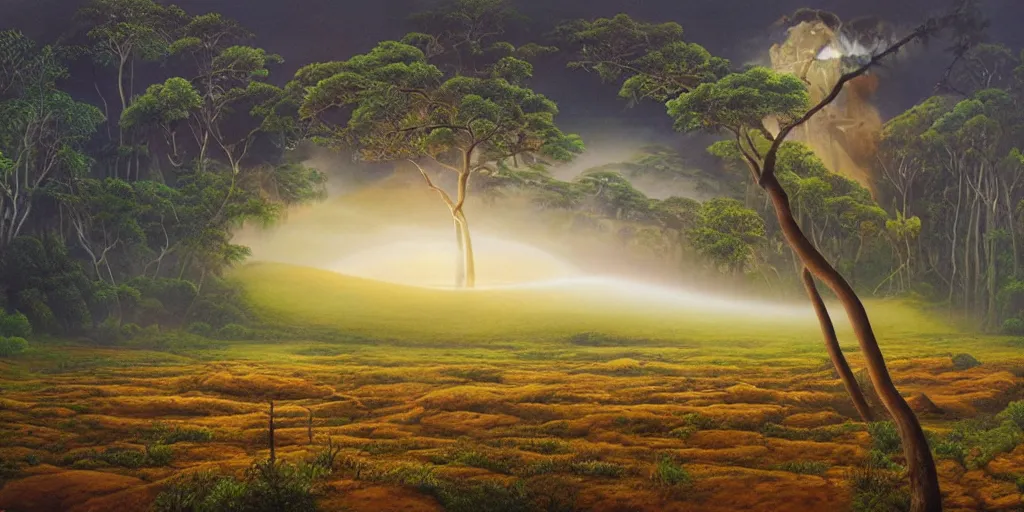Image similar to sri lankan landscape, volumetric lighting and shadows, concept art, realistic oil painting by alex grey