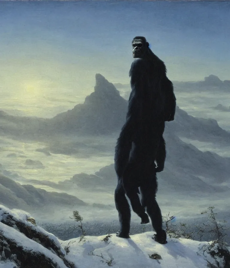 Image similar to a painting in the style of caspar david friedrich's wanderer above the sea of fog of a gorilla in a navy blue trench coat standing above a wasteland of snow