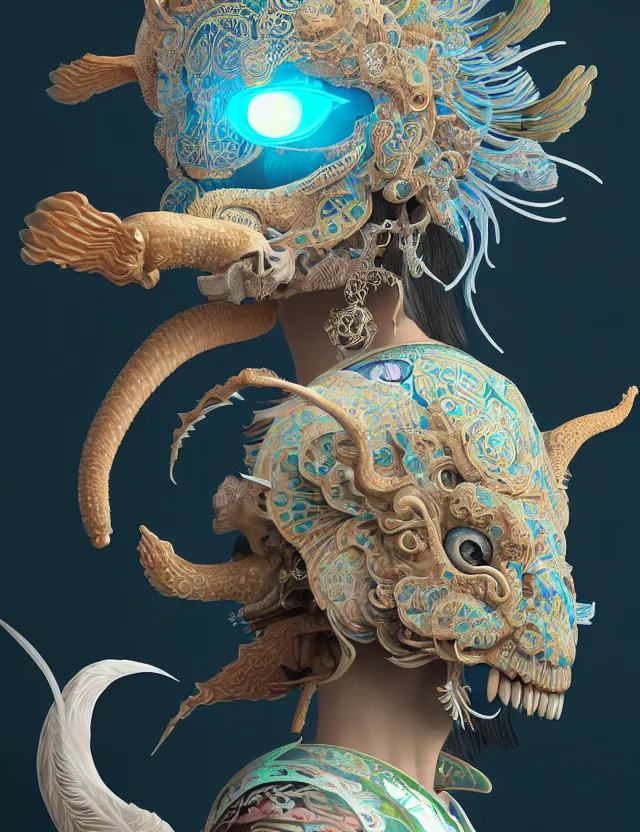 Image similar to 3 d goddess close - up profile solarpunk portrait ram skull. beautiful intricately detailed japanese crow kitsune mask and clasical japanese kimono. betta fish, jellyfish phoenix, bio luminescent, plasma, ice, water, wind, creature, artwork by tooth wu and wlop and beeple and greg rutkowski