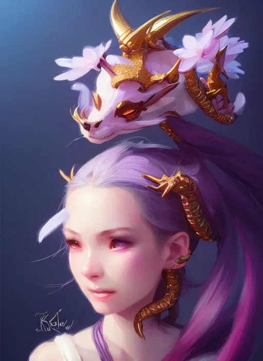 Image similar to cute little dragon flowers, blue black pink, gold, diamonds, highly detailed, artgerm, cushart krenz, artstation, soft light, sharp focus, illustration, character design, concept art