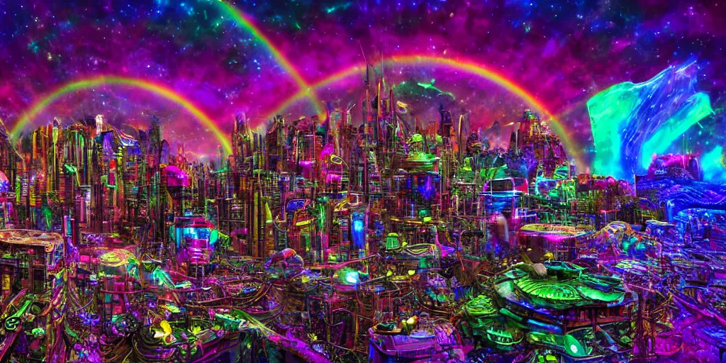 Prompt: proxima b psychedelic alien cityscape, light paint, macro, photorealistic, hyperrealistic, futuristic, in style of Lisa Frank, steampunk, cosmic, translucent, holographic, 32K, deep dream, rainbows, bright colors, high resolution, 4D, megapixel, UHD, HDR