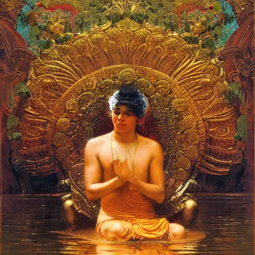 Image similar to highley detailed old srilankan buddhist monk drowning in liquid gold in baroque style, painting by gaston bussiere, craig mullins, j. c. leyendecker, lights, art by ernst haeckel, john william godward, hammershøi,