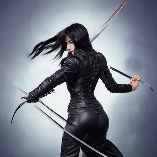 Image similar to an action photo of a black haired woman in a black leather jacket in a swordfight, muscular upper body, abs, d & d, fantasy, intricate, elegant, highly detailed, digital painting, artstation, concept art, smooth, sharp focus, illustration, art by artgerm and greg rutkowski and alphonse mucha