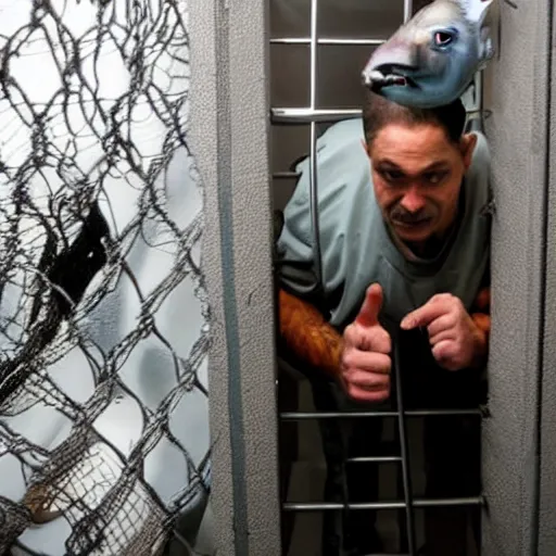 Prompt: inmate with fish head scuba diving in a jail cell