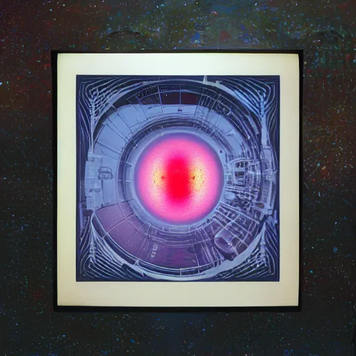 Prompt: photograph of a pastel screen print of a world locked in a mechanical box. Printed on thick paper of album artwork for the band TOOL designed by Ash Thorp.