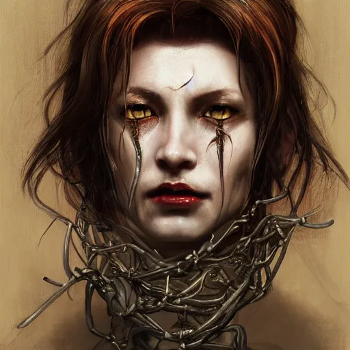 Image similar to portrait of a Shibari barbed wire wrapped face and neck, headshot, insanely nice professional hair style, dramatic hair color, digital painting, of a old 17th century, old cyborg merchant, amber jewels, baroque, ornate clothing, scifi, realistic, hyperdetailed, chiaroscuro, concept art, art by Franz Hals and Jon Foster and Ayami Kojima and Amano and Karol Bak,