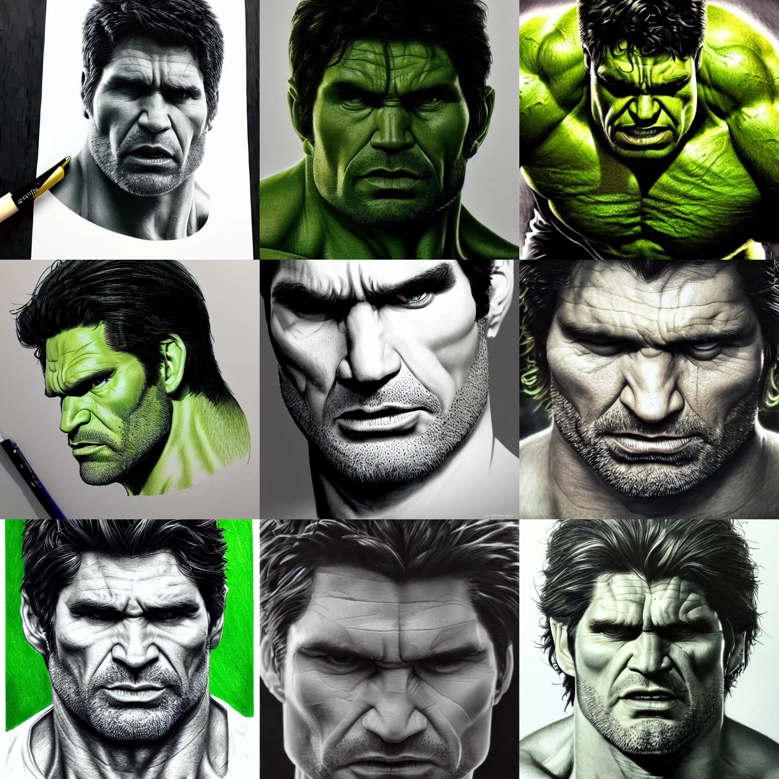 Image similar to ultra realistic detailed pen drawing of the incredible hulk face, eric bana, marvel cinematic universe, dramatic lighting, fine texture, fine hair strands, green skin, photo realism