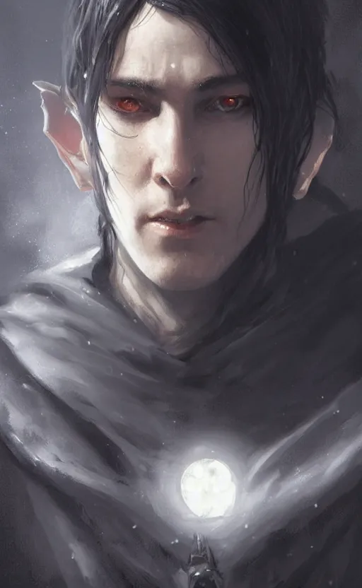 Image similar to Portrait of an elf in a black cloak, black hair, glowing eyes, male, detailed face, fantasy, highly detailed, cinematic lighting, digital art painting by greg rutkowski