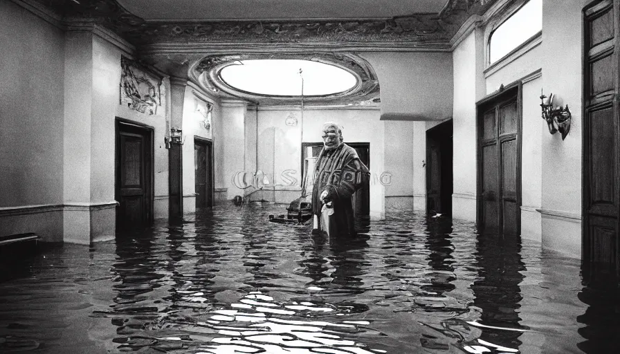 Image similar to 7 0 s movie still of an old manstanding in a soviet stalinist style palace flooded in blood, eastmancolor, heavy grain, high quality, high detail