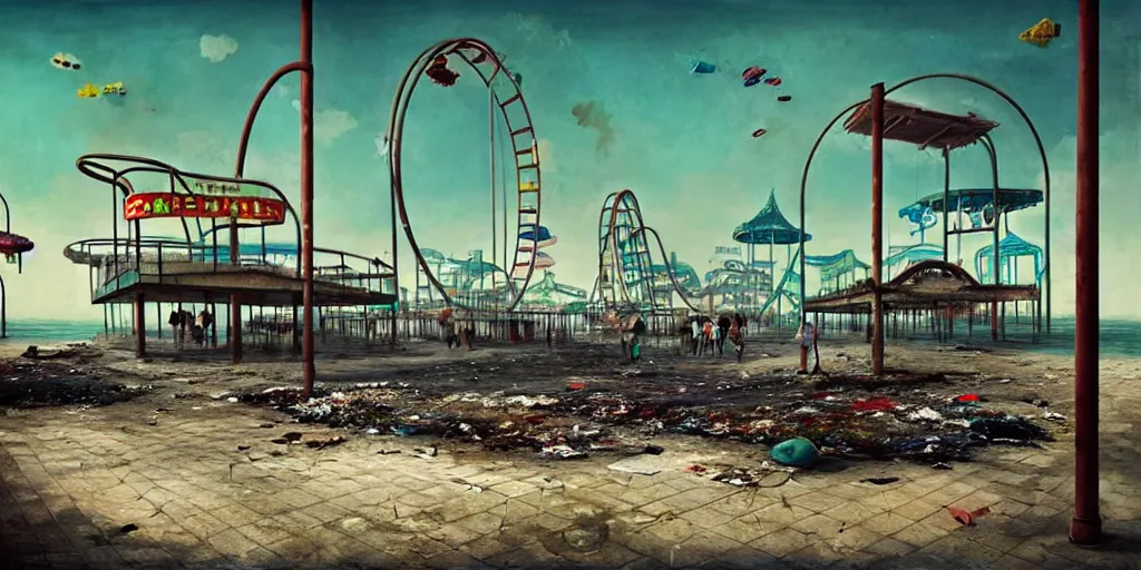 Image similar to concept art of a polluted beachfront with a broken pier and abandoned amusement park attractions, grimy, gritty, trending on artstation, award winning painting, cgi, art by filip hodas and zhang kechun