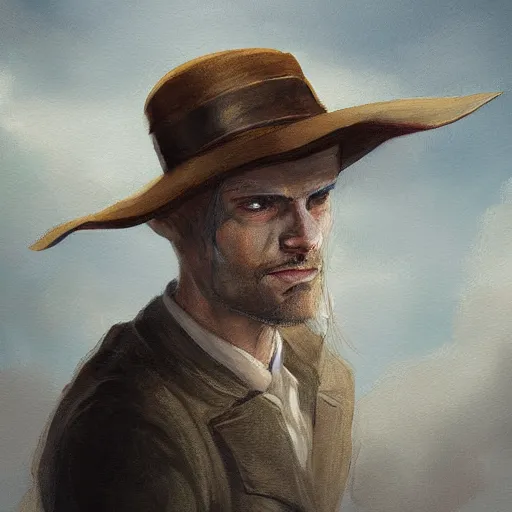 Image similar to a painting of a man with a hat on his head, a character portrait by nina tryggvadottir, trending on deviantart, fantasy art, official art, d & d, detailed painting