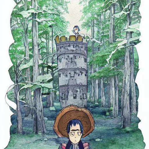 Image similar to laputa castle in the sky robot hayao miyazaki stands in a small clearing among trees, watercolor illustration for a book