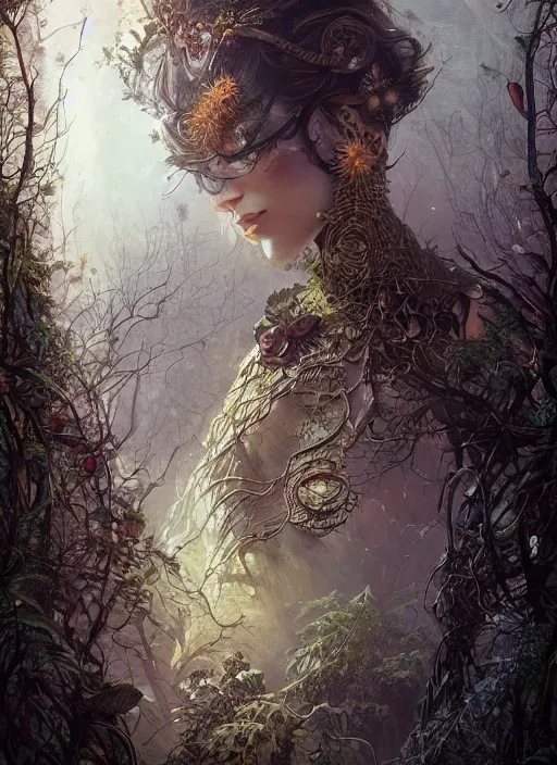 Image similar to natural city in the trees, intricate jewelry, trending on artstation 4 k, high quality, in the style of karol bak and tom bagshaw, tattoos