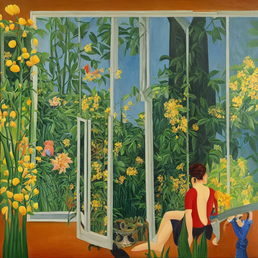 Image similar to a painting in the style of henri rousseau, a man looks through the window of an old house and sees a woman in a blue dress surrounded by sun flowers