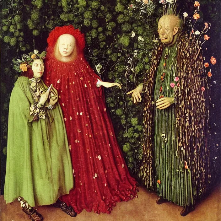 Image similar to a woman wearing a cloak of flowers, standing next to a creepy old green-horned goblin man, by Jan van Eyck