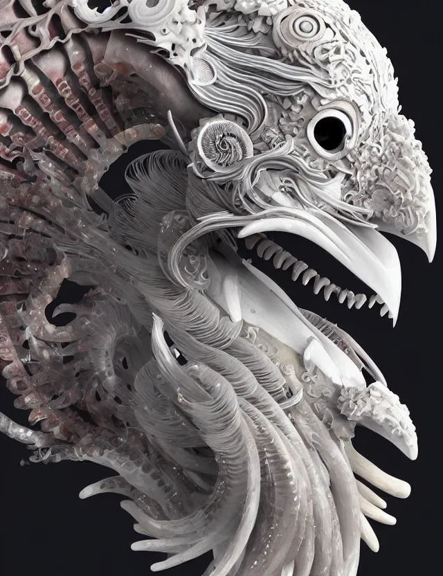 Image similar to 3 d hard surface modelling goddess close - up profile portrait with ram skull. beautiful intricately detailed japanese crow kitsune mask and clasical japanese kimono. betta fish, jellyfish phoenix, bio luminescent, plasma, ice, water, wind, creature, artwork by tooth wu and wlop and beeple and greg rutkowski