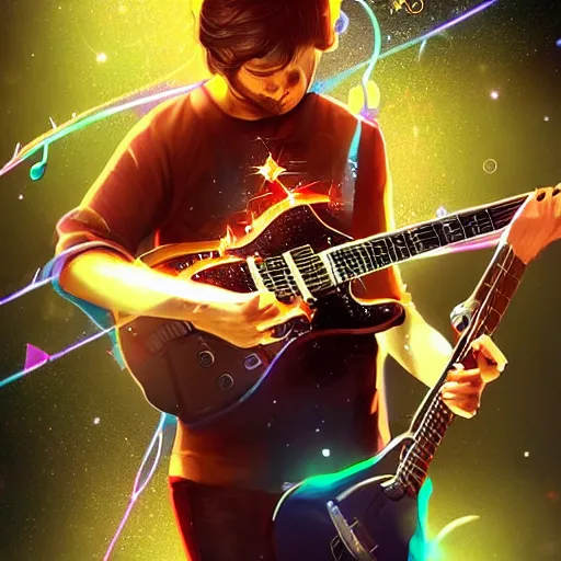 Image similar to a guitarist playing so intensely there is electricity shooting out from his guitar, energy beams under his finger tips, and magic sparkles from the freboard, amazing ditial art, trending on artstation, featured on deviantart