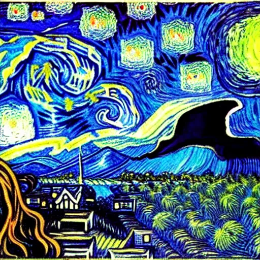 Prompt: a volcano at night, artwork by junji ito and van gogh, junji ito, van gogh