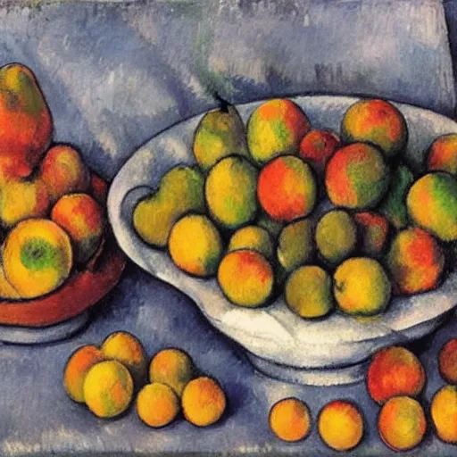 Prompt: a still - life image of a bunch of people who look like fruit in a bowl in the style of paul cezanne