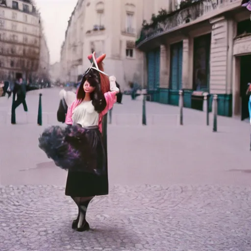 Image similar to realistic photoshoot of friendly unicorn lookbook in Paris, color film photography, portrait of a beautiful customers in style of Doisneau, 35mm, ektachrome