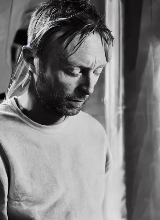 Image similar to calm thom yorke singer songwriter frontman, in spacesuit filling up with water, ultrafine detail, hyper realistic face, beautiful blue eyes, black spherical pupils, eyes reflecting into eyes reflecting into infinity, eyes reflecting into eyes reflecting into infinity