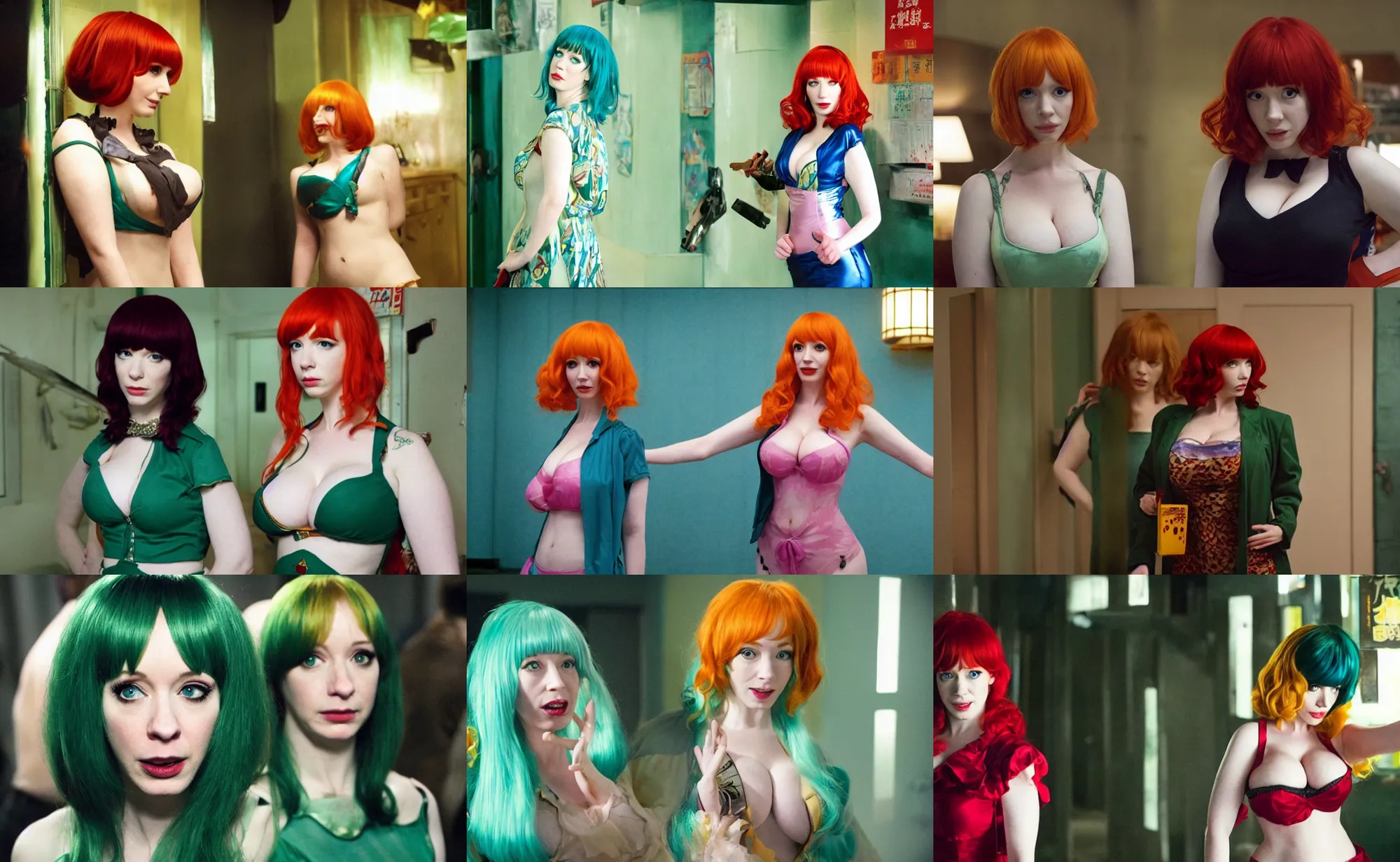 Prompt: movie still, christina hendricks cosplaying as lum from urusei yatsura, in oldboy, directed by park chan - wook