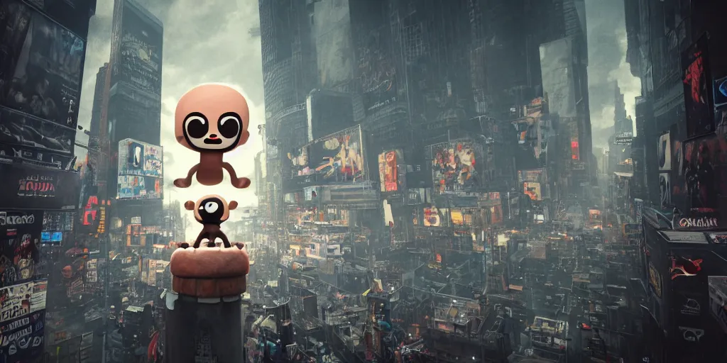 Prompt: isaac from the binding of isaac : rebirth in the middle of times square, pov, taken by a bystander realistic 4 k octane beautifully detailed render, 4 k post - processing, highly detailed, intricate complexity, epic composition, magical atmosphere, cinematic lighting, masterpiece, ultra hd