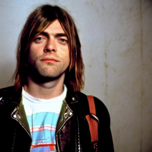 Prompt: Kurt Cobain lead vocalist and primary songwriter of the rock band Nirvana, a colorized photo by David Gilmour Blythe, dribble, neoplasticism, 1990s, associated press photo, masterpiece