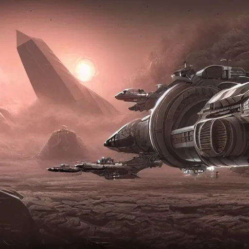 Image similar to a photorealistic picture of big spaceship landed on a dark planet, lot of details, greeble and nurnies, in the style of Nostromo, dark mood, cinematic