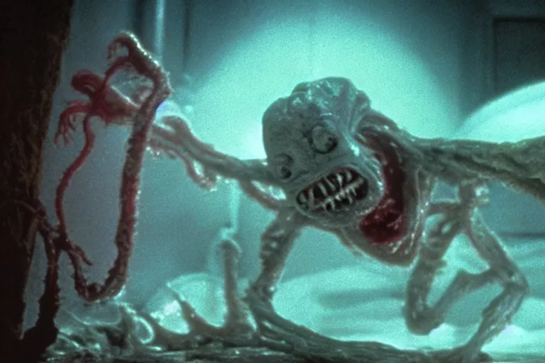 Image similar to scary filmic wide shot angle movie still 35mm film color photograph of a shape shifting horrific nightmarish abstract alien organism from The Thing 1982 spewing toxic liquid from an alien pirhana plant made out of flesh, in the style of a horror film