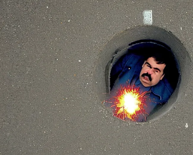 Prompt: birds eye view of el chapo exploding out of prison in deep meditation.