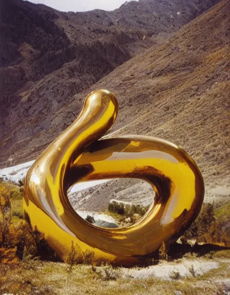 Image similar to vintage color photo of a giant liquid gold sculputure in Cordillera De Los Andes, 8k definition