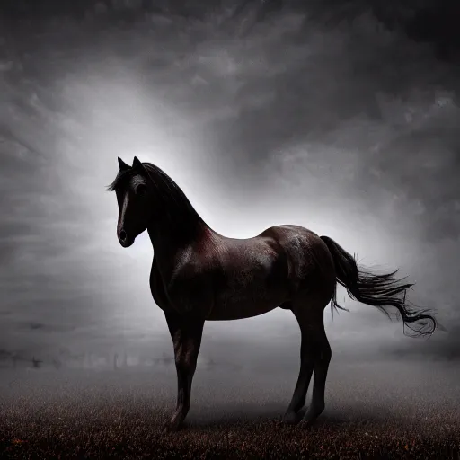 Image similar to horse in creepy scary nightmare atmosphere, realsitic