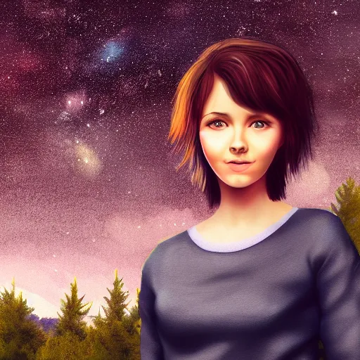 Image similar to an hd portrait photo of a cute young woman with short brown hair and green eyes, beautiful trees in the background, night sky with stars and galaxies, trending on artstation