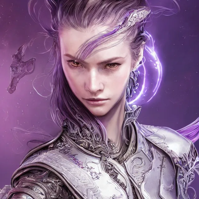 Prompt: close facial portrait of a pale woman in futuristic leather armor with a flowing purple, elegant, stoic, intense, ultrafine hyperdetailed illustration by kim jung gi, irakli nadar, intricate linework, sharp focus, bright colors, octopath traveler, final fantasy, hearthstone, highly rendered, global illumination, radiant light, detailed, intricate environment