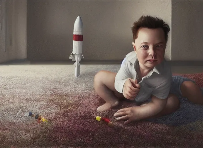 Image similar to lonely toddler elon musk sitting on a shaggy rug playing with his little rockets, bedroom, realistic painting, beautiful soft lighting, istvan sandorfi