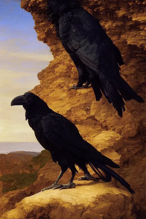 Image similar to a breathtakingly stunningly beautifully highly detailed extreme close up portrait of a raven under a rock arch, epic coves crashing waves plants, beautiful clear harmonious composition, dynamically shot, wonderful strikingly beautiful serene sunset, detailed organic textures, by frederic leighton and rosetti and turner and eugene von guerard, 4 k