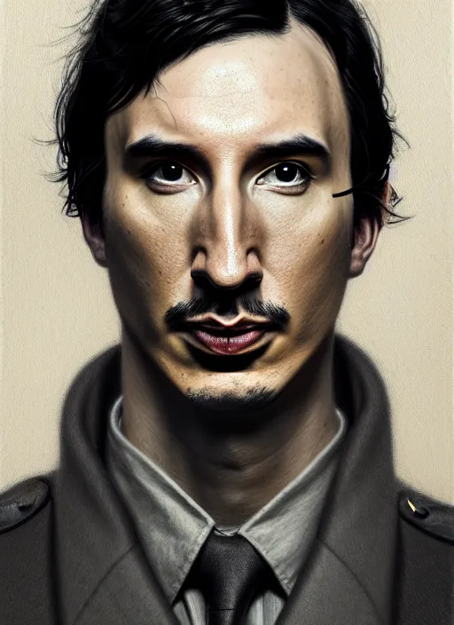 Image similar to a portrait of john oliver standing next to adam driver, stoic, military uniform, fantasy, intricate, beautiful, highly detailed, charcoal, centered, dark, smokey, digital painting, artstation, concept art, smooth, sharp focus, illustration, art by greg rutkowski