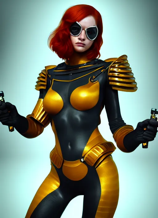 Prompt: bee - woman holding a stinger - pistol, up camera angle, digital painting, beautiful rococo hexagon armor, redhead, stunning, sharp detail, symmetrical features, artstation trending, artgerm, cinematic lighting, many small details, octane render, nvidia, weta digital