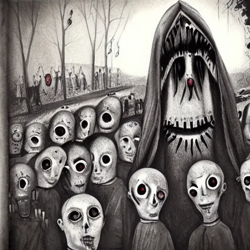 Prompt: procession of eyes. creepy, eerie, grim atmosphere