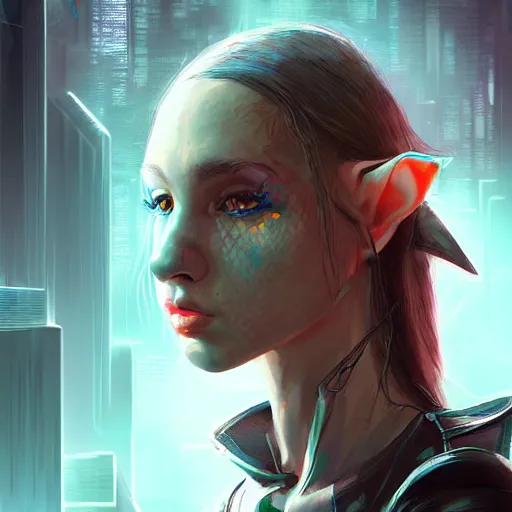 Image similar to portrait of an elf in a cyberpunk style, digital art, highly-detailed, artstation cgsociety masterpiece