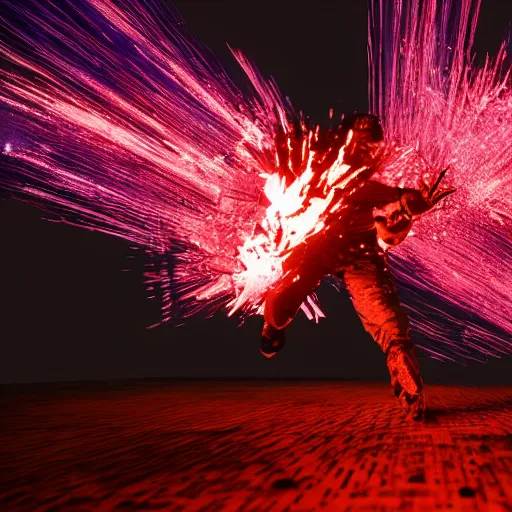 Image similar to An explosion, Matrix, Games of Thrones, 8K, light particles, neon, fire, realistic light, realistic shaders, taken by James Webb