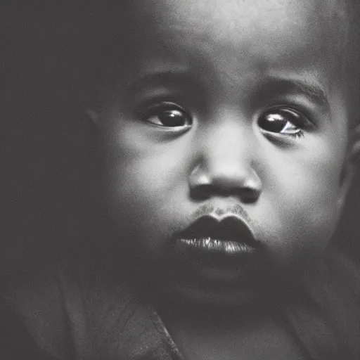 Prompt: the face of kanye west at 2 years old, portrait by julia cameron, chiaroscuro lighting, shallow depth of field, 8 0 mm, f 1. 8