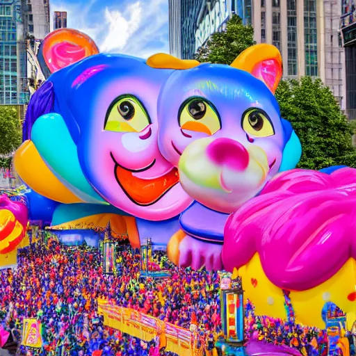 Image similar to photo of giant lisa frank bosch style parade float in the macys thanksgiving parade, detailed 4 k photo