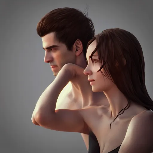 Image similar to perfectly centered symmetrical split male and female portrait of man and woman in love sharing one heart ; 3 d render by artgerm, photorealistic, highly detailed ; daz 3 d genesis iray ; unreal engine ; trending on artstation