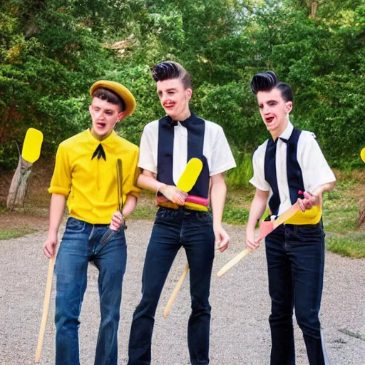 Prompt: three male teens wearing rockabilly outfits and eating yellow popsicles while looking around painting 8 k