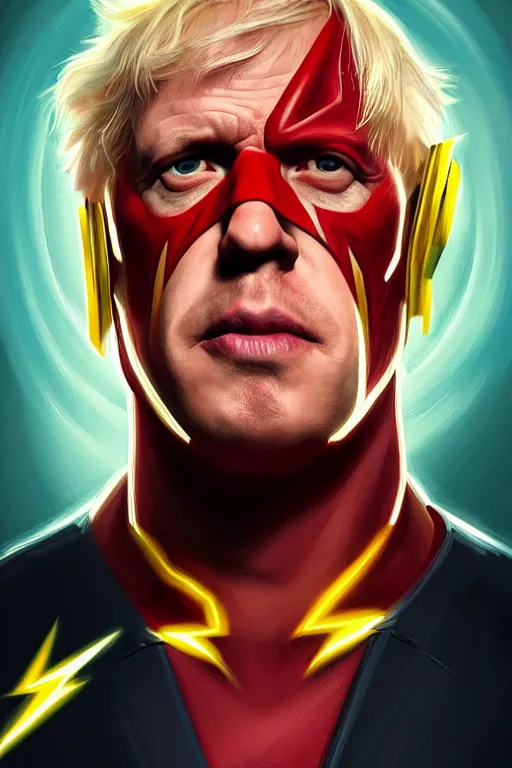 Image similar to Boris Johnson as Flash by Zack Snyder, realistic portrait, symmetrical, highly detailed, digital painting, artstation, concept art, smooth, sharp focus, illustration, cinematic lighting, art by artgerm and greg rutkowski and alphonse mucha